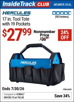 Harbor Freight ITC Coupon HERCULES 17 IN. TOOL TOTE WITH 19 POCKETS Lot No. 64659 Valid Thru: 7/30/26 - $27.99