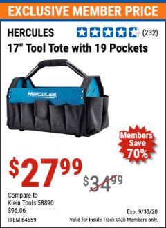 Harbor Freight ITC Coupon HERCULES 17" TOOL TOTE WITH 19 POCKETS Lot No. 64659 Expired: 9/30/20 - $27.99