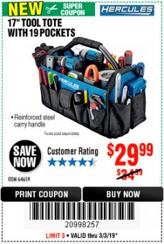 Harbor Freight Coupon HERCULES 17" TOOL TOTE WITH 19 POCKETS Lot No. 64659 Expired: 3/3/19 - $29.99