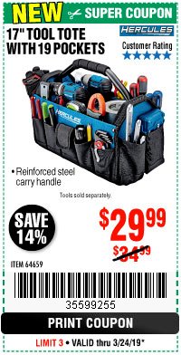 Harbor Freight Coupon HERCULES 17" TOOL TOTE WITH 19 POCKETS Lot No. 64659 Expired: 3/24/19 - $29.99