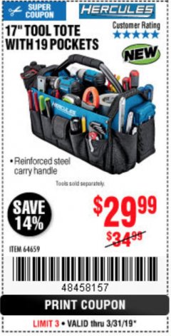 Harbor Freight Coupon HERCULES 17" TOOL TOTE WITH 19 POCKETS Lot No. 64659 Expired: 3/31/19 - $29.99