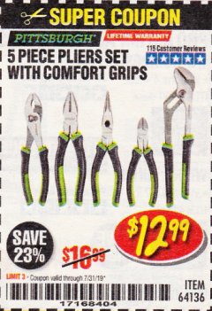 Harbor Freight Coupon 5 PIECE PLIERS SET WITH COMFORT GRIPS Lot No. 64136 Expired: 7/31/19 - $12.99