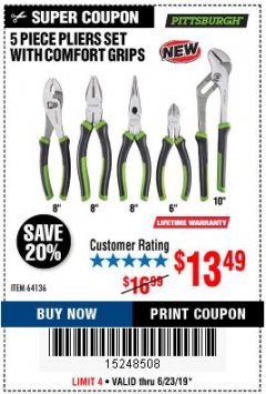 Harbor Freight Coupon 5 PIECE PLIERS SET WITH COMFORT GRIPS Lot No. 64136 Expired: 6/23/19 - $13.49