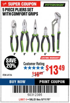 Harbor Freight Coupon 5 PIECE PLIERS SET WITH COMFORT GRIPS Lot No. 64136 Expired: 8/11/19 - $13.49