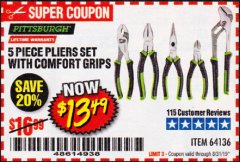 Harbor Freight Coupon 5 PIECE PLIERS SET WITH COMFORT GRIPS Lot No. 64136 Expired: 8/31/19 - $13.49