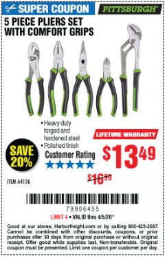 Harbor Freight Coupon 5 PIECE PLIERS SET WITH COMFORT GRIPS Lot No. 64136 Expired: 6/30/20 - $13.49