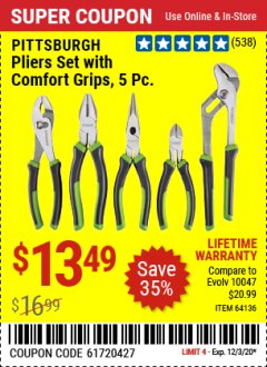 Harbor Freight Coupon 5 PIECE PLIERS SET WITH COMFORT GRIPS Lot No. 64136 Expired: 12/3/20 - $13.49