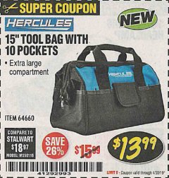 Harbor Freight Coupon HERCULES 15" TOOL BAG WITH 10 POCKETS Lot No. 64660 Expired: 4/30/19 - $13.99