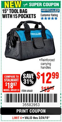 Harbor Freight Coupon HERCULES 15" TOOL BAG WITH 10 POCKETS Lot No. 64660 Expired: 3/24/19 - $12.99