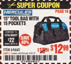 Harbor Freight Coupon HERCULES 15" TOOL BAG WITH 10 POCKETS Lot No. 64660 Expired: 4/30/19 - $12.99