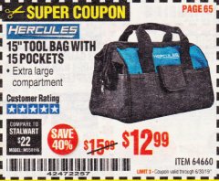 Harbor Freight Coupon HERCULES 15" TOOL BAG WITH 10 POCKETS Lot No. 64660 Expired: 6/30/19 - $12.99