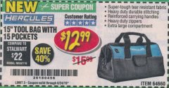 Harbor Freight Coupon HERCULES 15" TOOL BAG WITH 10 POCKETS Lot No. 64660 Expired: 8/24/19 - $12.99