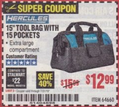 Harbor Freight Coupon HERCULES 15" TOOL BAG WITH 10 POCKETS Lot No. 64660 Expired: 7/31/19 - $12.99