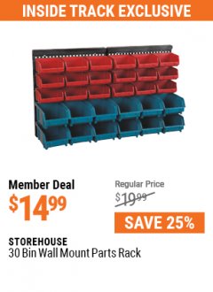 Harbor Freight ITC Coupon STOREHOUSE 30-BIN WALL-MOUNT PARTS RACK Lot No. 63151 Expired: 7/29/21 - $14.99