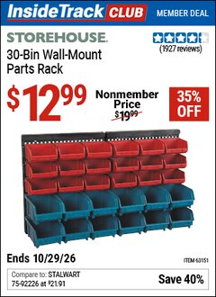 Harbor Freight ITC Coupon STOREHOUSE 30-BIN WALL-MOUNT PARTS RACK Lot No. 63151 Valid Thru: 10/29/26 - $12.99