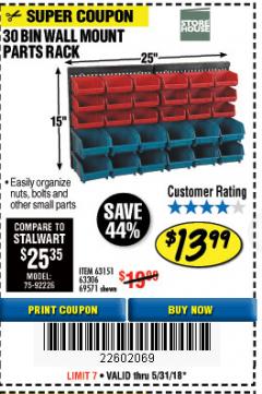 Harbor Freight Coupon 30 BIN WALL MOUNT PARTS RACK Lot No. 62198/69571/65889/63151/63306 Expired: 5/31/18 - $13.99