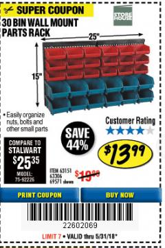Harbor Freight Coupon STOREHOUSE 30-BIN WALL-MOUNT PARTS RACK Lot No. 63151 Expired: 5/31/18 - $13.99
