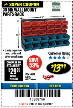 Harbor Freight Coupon STOREHOUSE 30-BIN WALL-MOUNT PARTS RACK Lot No. 63151 Expired: 8/31/18 - $13.99