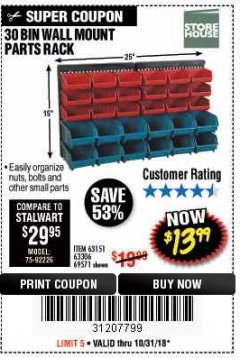 Harbor Freight Coupon 30 BIN WALL MOUNT PARTS RACK Lot No. 62198/69571/65889/63151/63306 Expired: 10/31/18 - $13.99