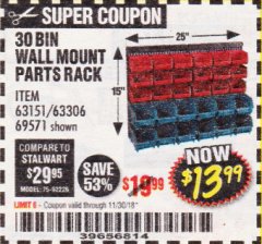 Harbor Freight Coupon 30 BIN WALL MOUNT PARTS RACK Lot No. 62198/69571/65889/63151/63306 Expired: 11/30/18 - $13.99