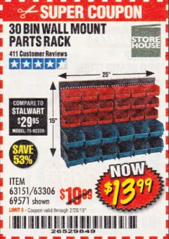 Harbor Freight Coupon STOREHOUSE 30-BIN WALL-MOUNT PARTS RACK Lot No. 63151 Expired: 2/28/19 - $13.99