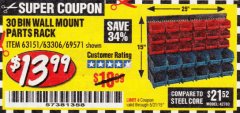 Harbor Freight Coupon STOREHOUSE 30-BIN WALL-MOUNT PARTS RACK Lot No. 63151 Expired: 5/31/19 - $13.99
