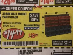 Harbor Freight Coupon 30 BIN WALL MOUNT PARTS RACK Lot No. 62198/69571/65889/63151/63306 Expired: 5/31/19 - $14.99