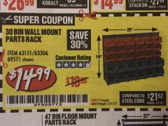 Harbor Freight Coupon STOREHOUSE 30-BIN WALL-MOUNT PARTS RACK Lot No. 63151 Expired: 5/31/19 - $14.99