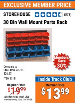Harbor Freight Coupon 30 BIN WALL MOUNT PARTS RACK Lot No. 62198/69571/65889/63151/63306 Expired: 10/31/20 - $13.99