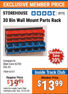 Harbor Freight Coupon STOREHOUSE 30-BIN WALL-MOUNT PARTS RACK Lot No. 63151 Expired: 10/31/20 - $13.99
