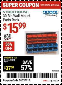 Harbor Freight Coupon STOREHOUSE 30-BIN WALL-MOUNT PARTS RACK Lot No. 63151 Expired: 9/4/23 - $15.99