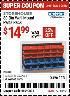 Harbor Freight Coupon STOREHOUSE 30-BIN WALL-MOUNT PARTS RACK Lot No. 63151 EXPIRES: 7/5/26 - $14.99