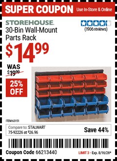 Harbor Freight Coupon STOREHOUSE 30-BIN WALL-MOUNT PARTS RACK Lot No. 63151 Valid Thru: 8/16/26 - $14.99