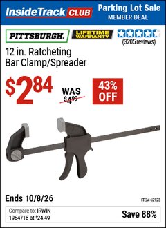 Harbor Freight ITC Coupon PITTSBURGH 12 IN. RATCHETING BAR CLAMP/SPREADER Lot No. 62123/63017 Expired: 10/8/26 - $2.84