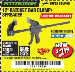Harbor Freight Coupon 12" RATCHET BAR CLAMP/SPREADER Lot No. 46807/68975/69221/69222/62123/63017 Expired: 9/3/19 - $2.99