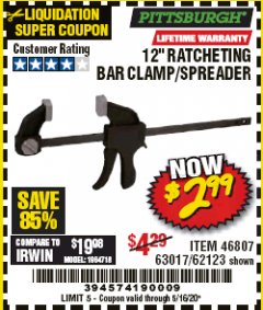 Harbor Freight Coupon 12" RATCHET BAR CLAMP/SPREADER Lot No. 46807/68975/69221/69222/62123/63017 Expired: 6/30/20 - $2.99