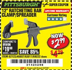 Harbor Freight Coupon PITTSBURGH 12 IN. RATCHETING BAR CLAMP/SPREADER Lot No. 62123/63017 Expired: 6/30/20 - $2.99