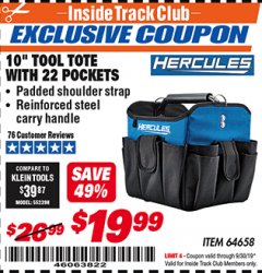 Harbor Freight ITC Coupon HERCULES 10" TOOL TOTE WITH 22 POCKETS Lot No. 64658 Expired: 9/30/19 - $19.99