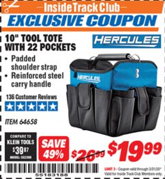Harbor Freight ITC Coupon HERCULES 10" TOOL TOTE WITH 22 POCKETS Lot No. 64658 Expired: 3/31/20 - $19.99