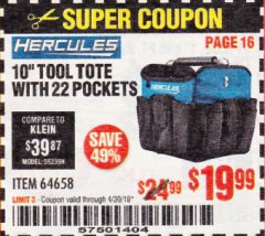 Harbor Freight Coupon HERCULES 10" TOOL TOTE WITH 22 POCKETS Lot No. 64658 Expired: 4/30/19 - $19.99