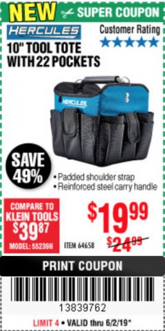 Harbor Freight Coupon HERCULES 10" TOOL TOTE WITH 22 POCKETS Lot No. 64658 Expired: 6/2/19 - $19.99