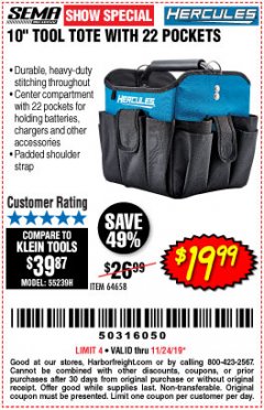 Harbor Freight Coupon HERCULES 10" TOOL TOTE WITH 22 POCKETS Lot No. 64658 Expired: 11/24/19 - $19.99