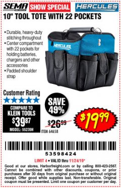 Harbor Freight Coupon HERCULES 10" TOOL TOTE WITH 22 POCKETS Lot No. 64658 Expired: 11/24/19 - $19.99
