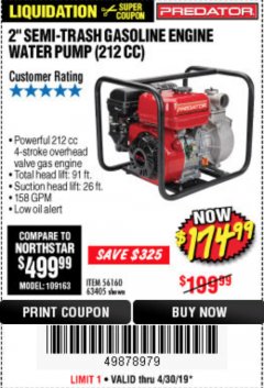 Harbor Freight Coupon 2" SEMI-TRASH GASOLINE ENGINE WATER PUMP 212CC Lot No. 56160 Expired: 4/30/19 - $174.99