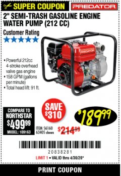 Harbor Freight Coupon 2" SEMI-TRASH GASOLINE ENGINE WATER PUMP 212CC Lot No. 56160 Expired: 6/30/20 - $189.99