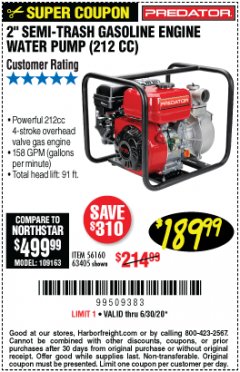 Harbor Freight Coupon 2" SEMI-TRASH GASOLINE ENGINE WATER PUMP 212CC Lot No. 56160 Expired: 6/30/20 - $189.99