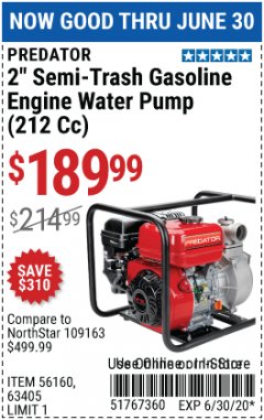 Harbor Freight Coupon 2" SEMI-TRASH GASOLINE ENGINE WATER PUMP 212CC Lot No. 56160 Expired: 6/30/20 - $189.99