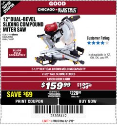 Harbor Freight Coupon CHICAGO ELECTRIC 12" DUAL-BEVEL SLIDING COMPOUND MITER SAW Lot No. 61970/56597/61969 Expired: 6/16/19 - $159.99