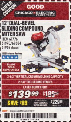 Harbor Freight Coupon CHICAGO ELECTRIC 12" DUAL-BEVEL SLIDING COMPOUND MITER SAW Lot No. 61970/56597/61969 Expired: 6/30/19 - $139.99