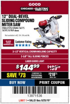 Harbor Freight Coupon CHICAGO ELECTRIC 12" DUAL-BEVEL SLIDING COMPOUND MITER SAW Lot No. 61970/56597/61969 Expired: 8/25/19 - $144.99